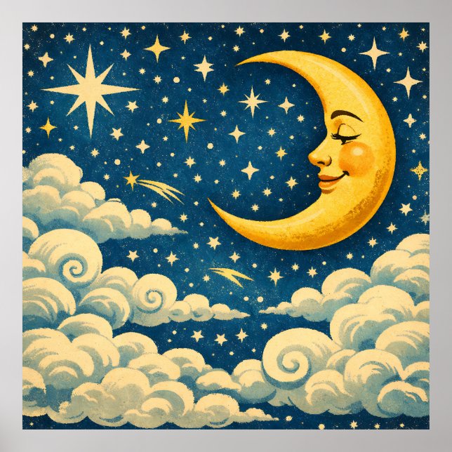 Vintage Crescent Moon Night Sky Poster (Framsidan)