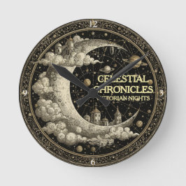 Vintage Crescent Moon with Clouds. Retro Victorian Rund Klocka