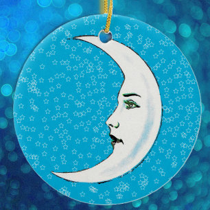 Vintage Crescent White Måne Ansikte White Stars Julgransprydnad Keramik