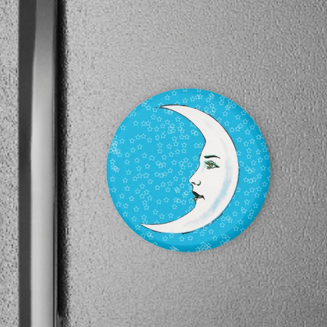 Vintage Crescent White Måne Ansikte White Stars Magnet (White crescent moon Gothic face black lips on stars on aqua blue round magnet.)