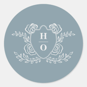 Vintage Crest Blommig Monogram Blå Bröllop Runt Klistermärke