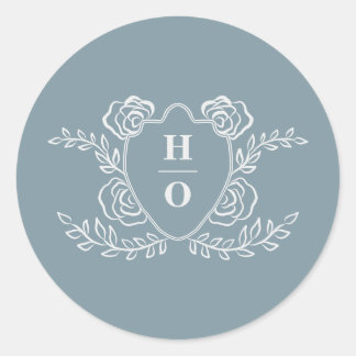 Vintage Crest Blommig Monogram Blå Bröllop Runt Klistermärke