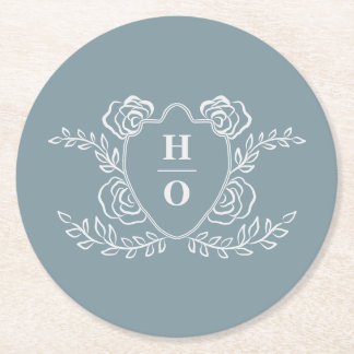 Vintage Crest Blommig Monogram Bröllop Underlägg Papper Rund