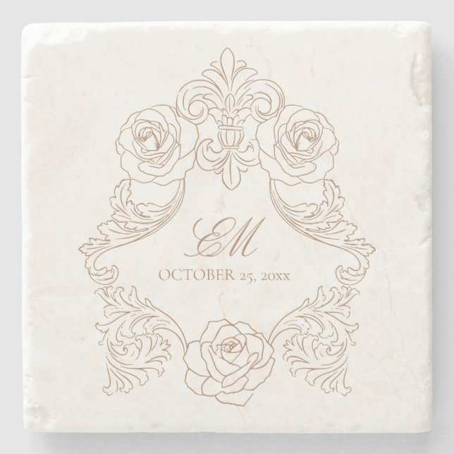 Vintage Crest Monogram Bröllopslogo i guldbrun Stenunderlägg (Framsidan)