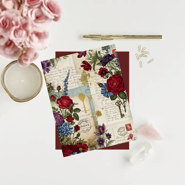 Vintage Crimson Blooms Ephemera Scrapbook Papper (Skapare uppladdad)