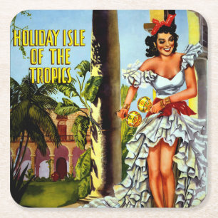 Vintage Cuban Travel - Helgdag Isle Tropik Underlägg Papper Kvadrat
