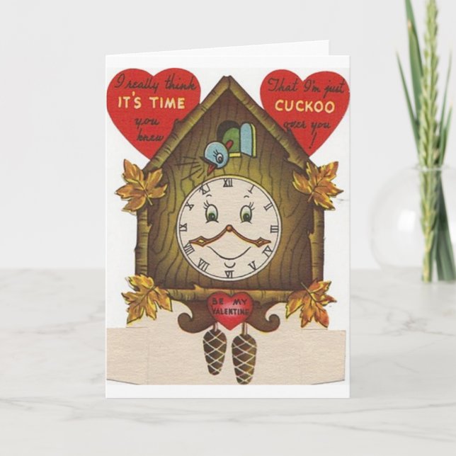 Vintage Cuckoo Clock Valentine Day Card Helgkort (Framsida)