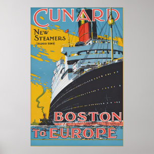 Vintage Cunard-resa från Boston till Europa Affisc Poster