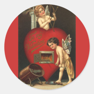 Vintage Cupid Alla hjärtans dag, Änglar Brinnande  Runt Klistermärke