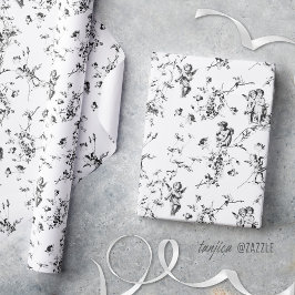Vintage Cupid Änglar Blommig Svart Vit Toile Presentpapper