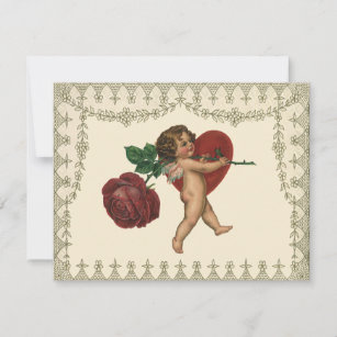 Vintage Cupid med Röd ros och hjärta Spara datum Inbjudningar