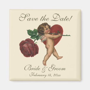 Vintage Cupid med röd ros och hjärta Spara datumet Magnet