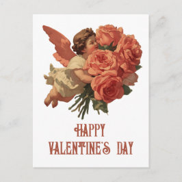Vintage Cupid med rosbukett Vykort