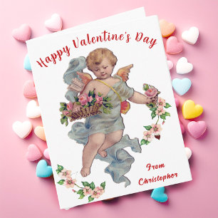 Vintage Cupid Valentine Day Card Blommigt Cherub Kort