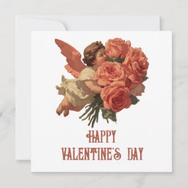 Vintage Cupid with Rose Bouquet Kort
