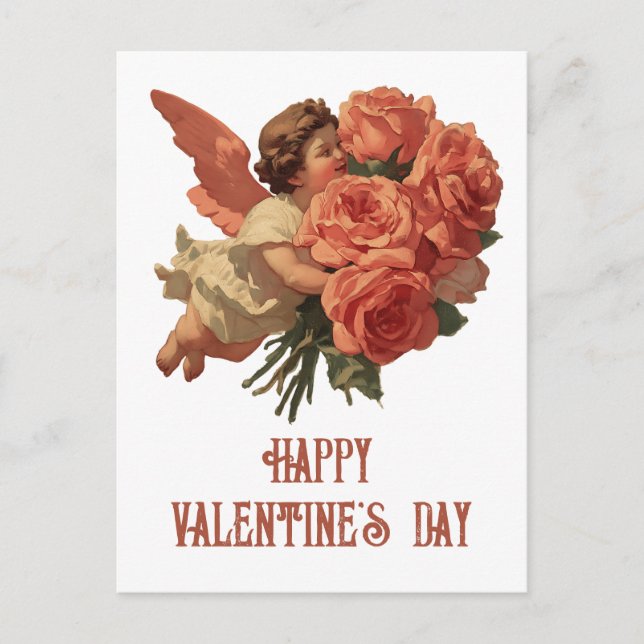 Vintage Cupid with Rose Bouquet Vykort (Framsida)