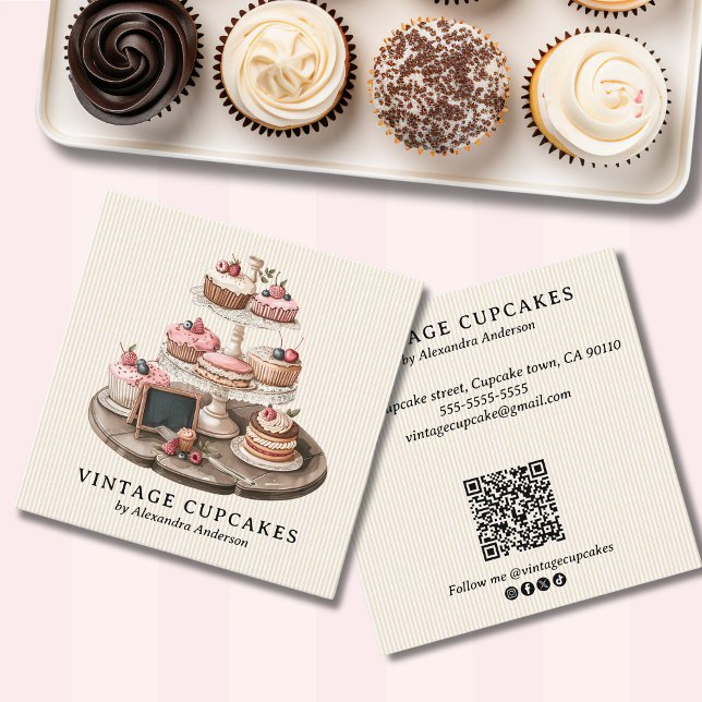 Vintage Cupkaka Bakery Fyrkantigt Visitkort (Vintage Cupcake Bakery Square Business Card)