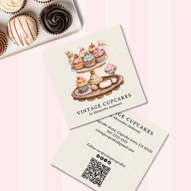 Vintage Cupkaka Retro Bakery Fyrkantigt Visitkort (Vintage Cupcake Retro Bakery Square Business Card)
