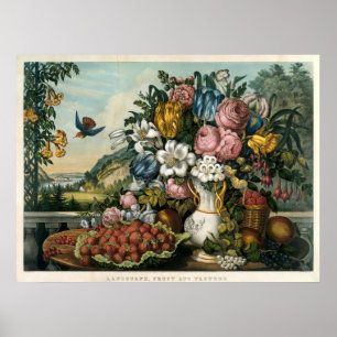 Vintage Currier & Ives Frukt Och Blommor Landskap Poster