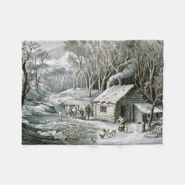Vintage Currier & Ives Log Cabin-Helgdag - jul Fleecefilt (Framsidan (Horisontell))