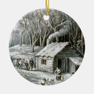 Vintage Currier & Ives Log Cabin-Helgdag - jul Julgransprydnad Keramik