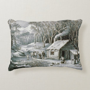 Vintage Currier & Ives Log Cabin-Helgdag - jul Prydnadskudde
