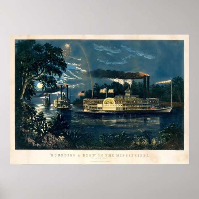 Vintage Currier & Ives Steamboat i Moonlight Poster (Framsidan)