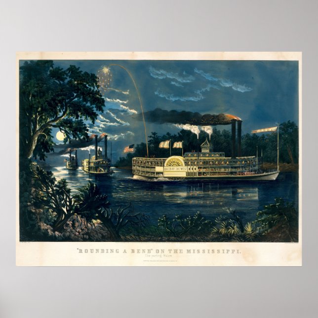 Vintage Currier & Ives Steamboat i Moonlight Poster (Framsidan)