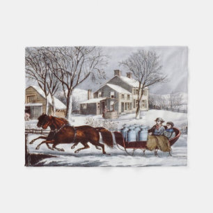 Vintage Currier & Ives Winter Sleigh-jul Fleecefilt