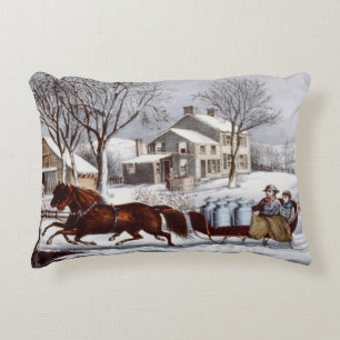 Vintage Currier & Ives Winter Sleigh-jul Prydnadskudde