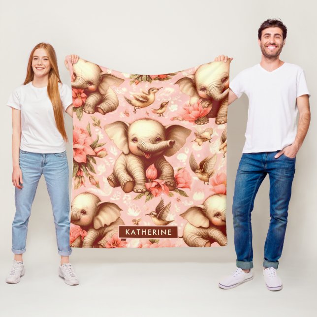 Vintage Cute Baby Elephant Mönster Fleecefilt (På plats)