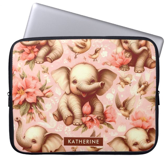 Vintage Cute Baby Elephant Mönster Laptop Fodral (Framsidan)