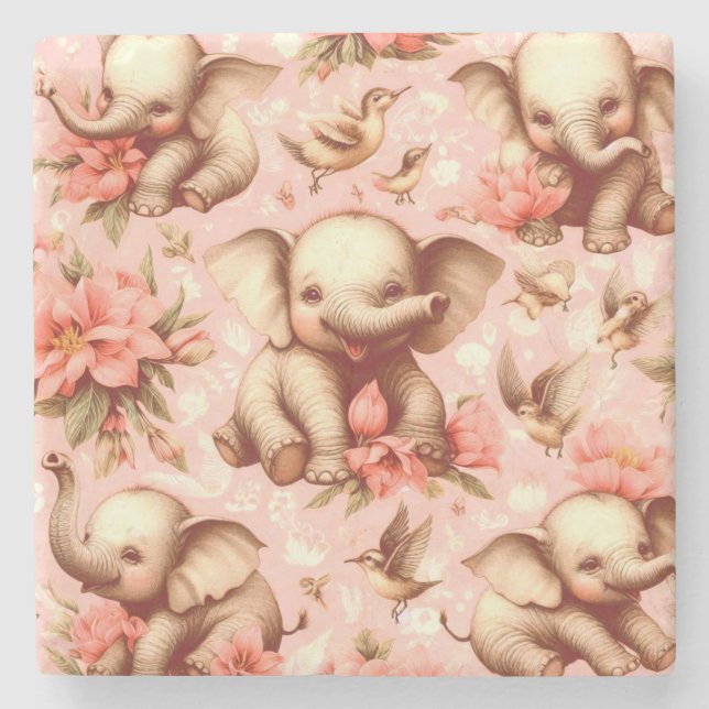 Vintage Cute Baby Elephant Mönster Stenunderlägg (Framsidan)