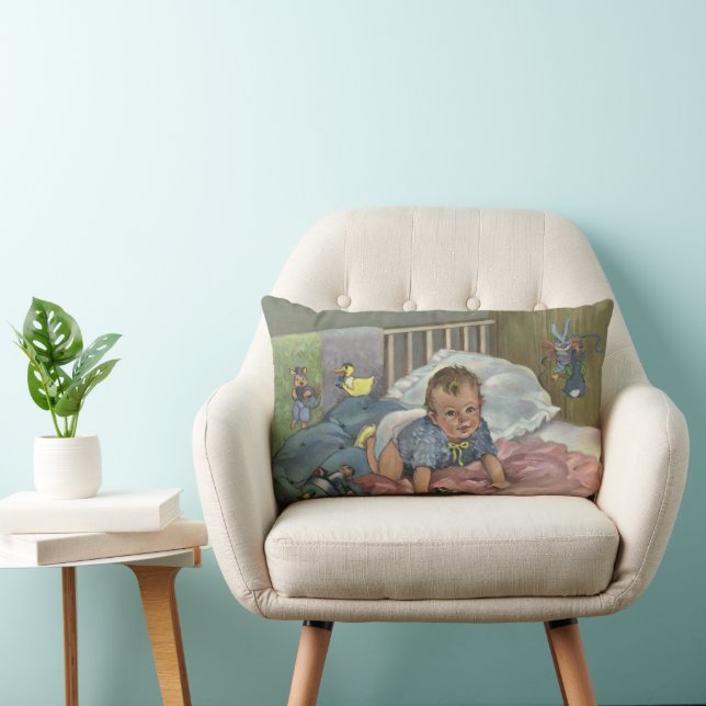 Vintage Cute Baby spelar i Crib, barnkarenstid Lumbarkudde (Stol)