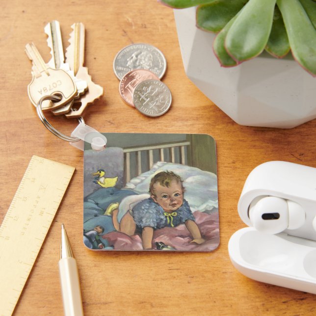 Vintage Cute Baby spelar i Crib, barnkarenstid Nyckelring (Skrivbord)