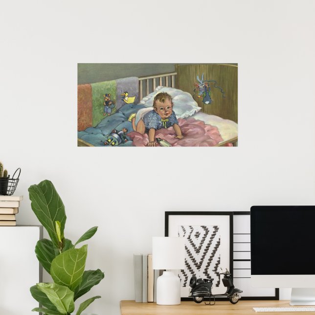 Vintage Cute Baby spelar i Crib, barnkarenstid Poster (Hemmakontoret)