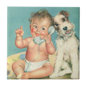 Vintage Cute Baby talar om Mobil marionett Hund Kakelplatta