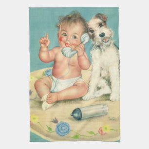 Vintage Cute Baby talar om Mobil marionett Hund Kökshandduk