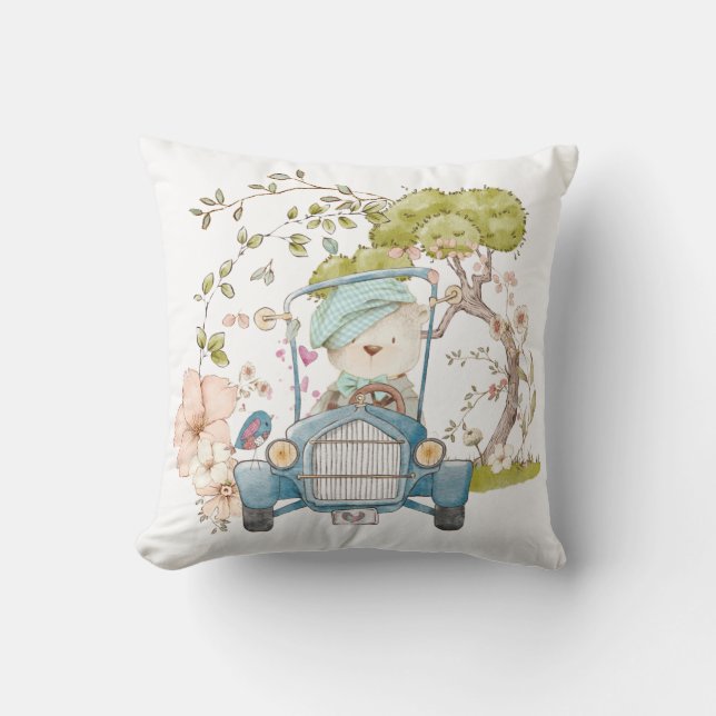 Vintage Cute Bear Car Namn Pojke Turcos Kudde (Framsida)