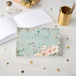 Vintage Cute Bear Flowers Greenery Baby Baptism Gästböcker