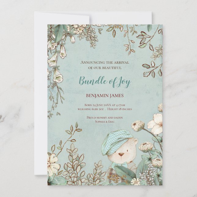 Vintage Cute Bear Photo Botanical Baby Birance Meddelande (Framsida)