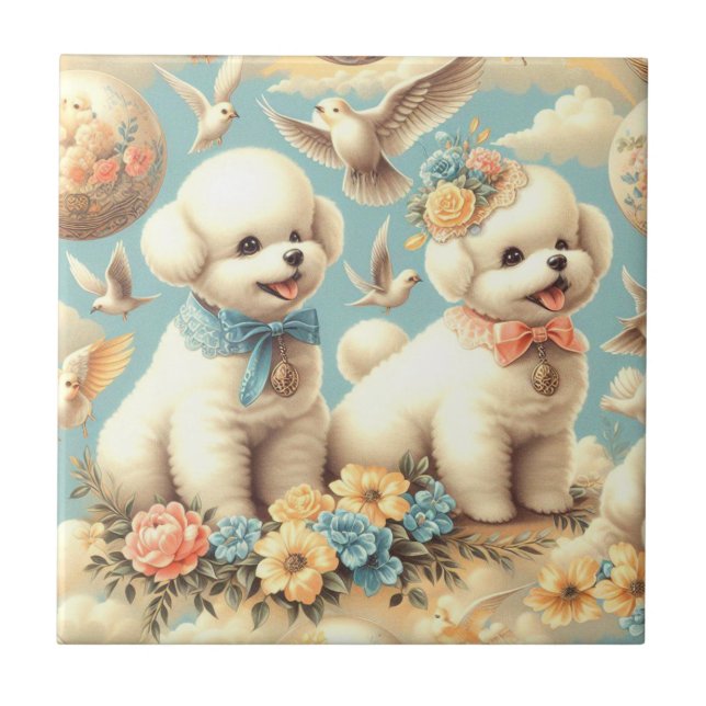 Vintage Cute Bichon Frisé Illustration Kakelplatta (Framsidan)