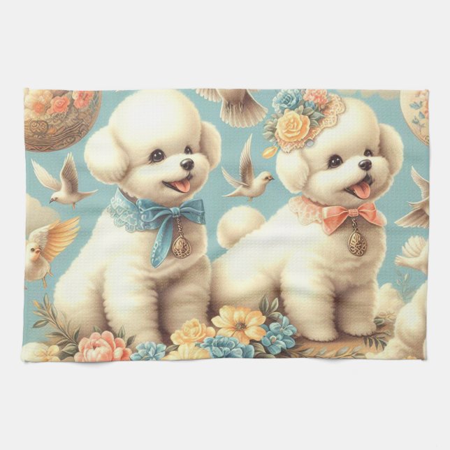 Vintage Cute Bichon Frisé Illustration Kökshandduk (Horisontell)