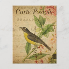 Vintage Cute Bird Rosa ros Blommigt Fransk Vykort