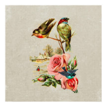 Vintage Cute Birds & Ro Landscape Painting