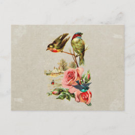 Vintage Cute Birds & Ro Landscape Painting Vykort