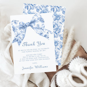 Vintage Cute Blue Toile Bow Ribbon Pojke Shower Tack Kort