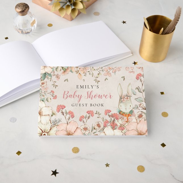 Vintage Cute Bunny Blommigts Baby Shower Gästböcker (Framsida öppen)