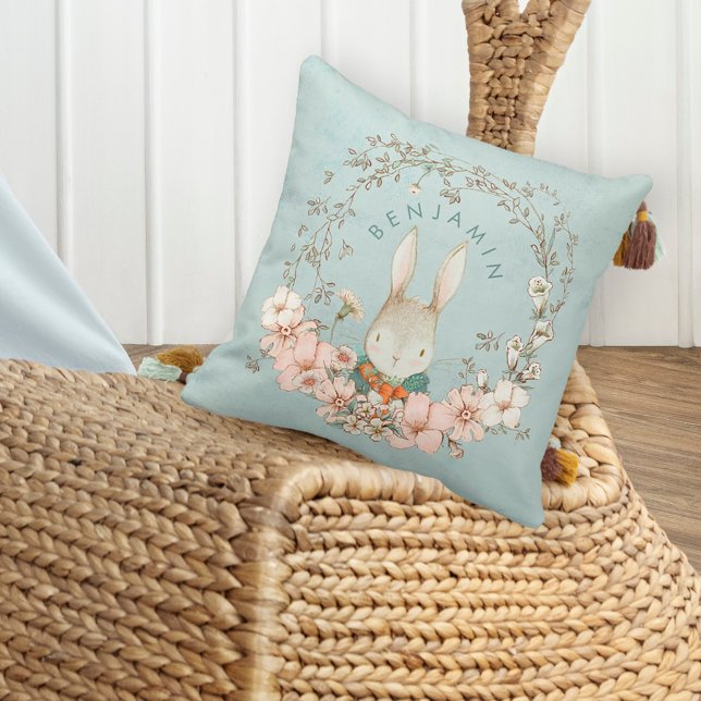 Vintage Cute Bunny Botanical Namn Pojke Nursery Kudde (Skapare uppladdad)