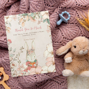 Vintage Cute Bunny Botanical Rosa Girl Baby Shower Tack Kort
